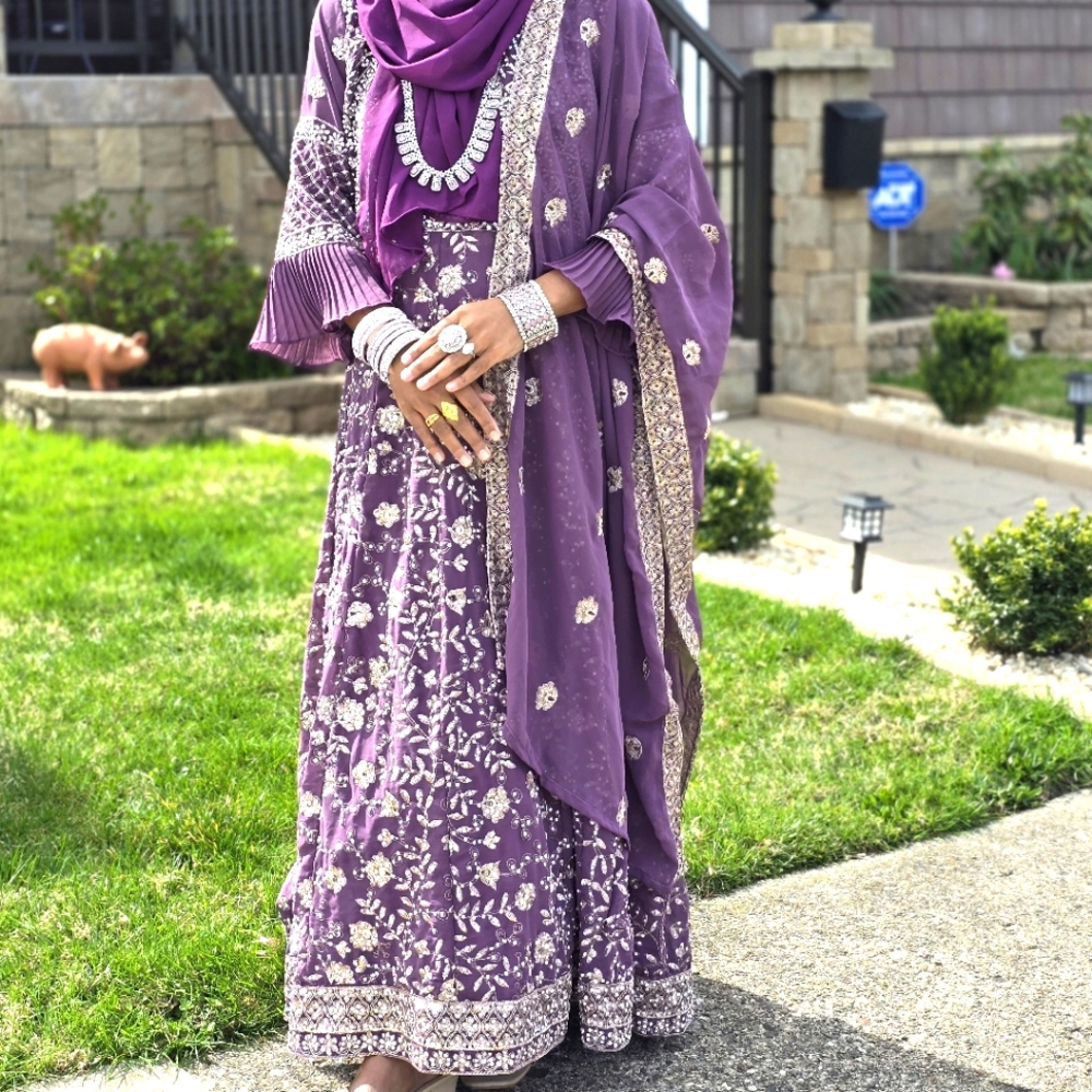 Ethnic Indian Wear Purple Embroidered Wedding Anarkali with Gold Accents